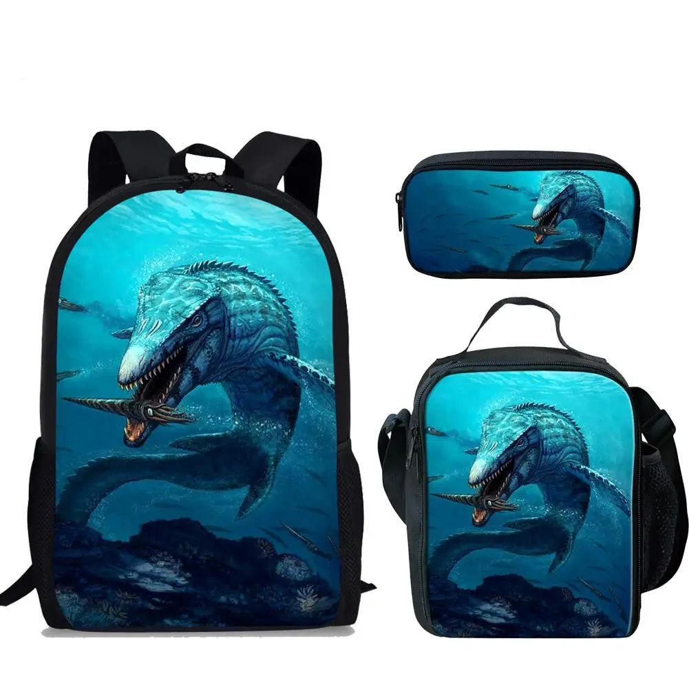 Cool Mosasaurus Dinosaur 3D Print School Bag Set/3Pcs for Teenage Boys Children Kids Daily Book Bags Students Mochilas
