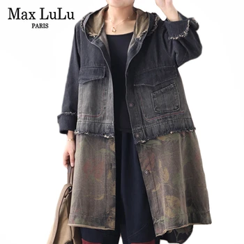 

Max LuLu Autumn Fashion Clothes Ladies Punk Streetwear Womens Hooded Patchwork Denim Trench Coats Vintage Printed Windbreakers