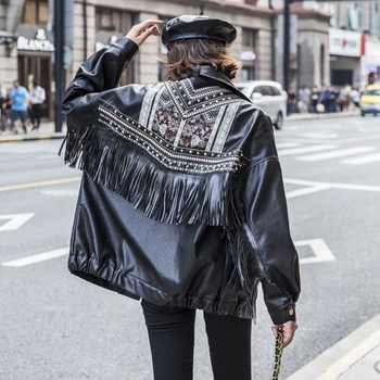 

2020 PU Leather Jacket Women Loose Fringed Rivet Tassel Punk Short leather Coat Motorcycle Outerwear Lady Embroidery Coats PY116