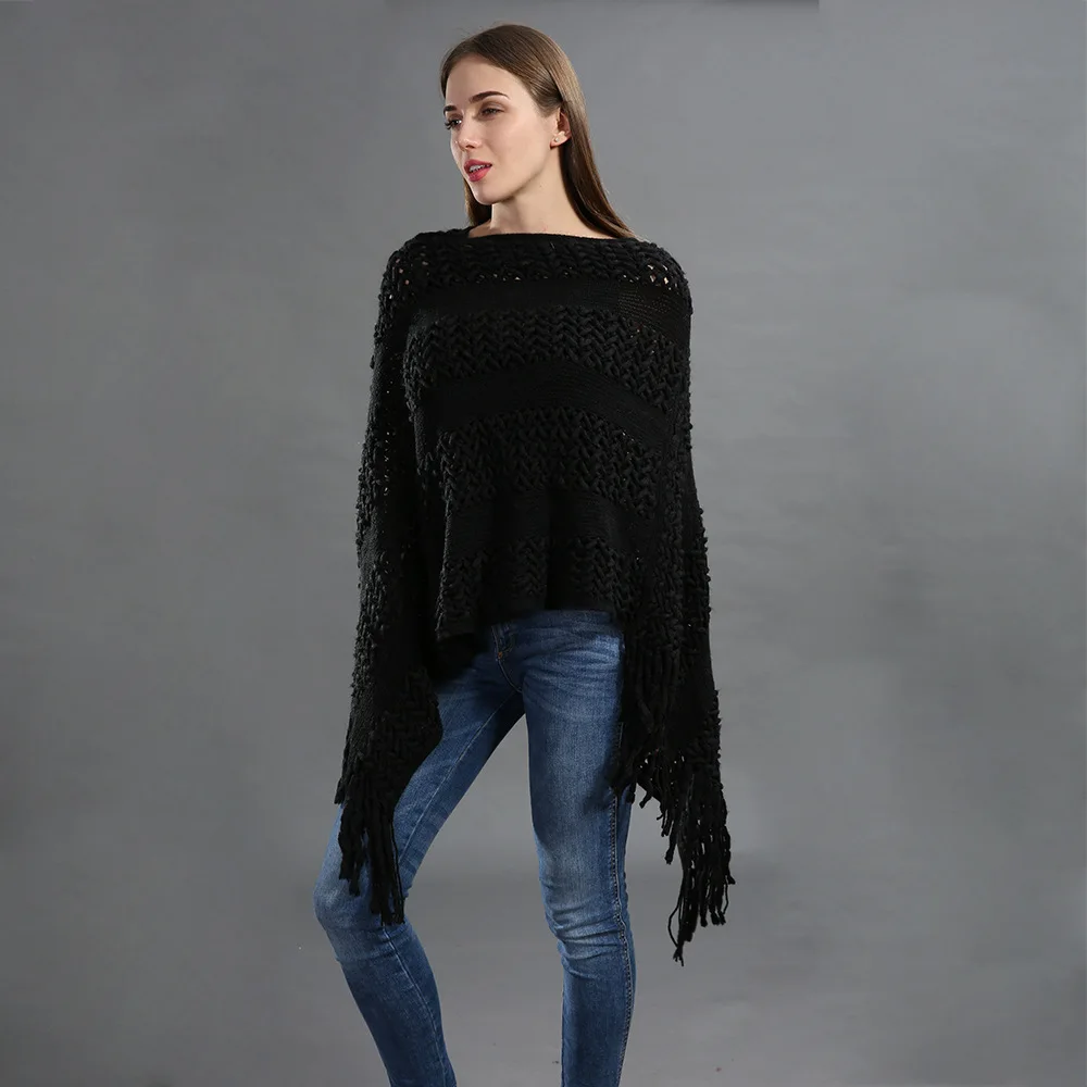 

Oversize New Woman Fashion Pullover Tassel Poncho Knitted Hollow Scarf Sweater Woman Shawl Poncho Plus Size Solid Pullover