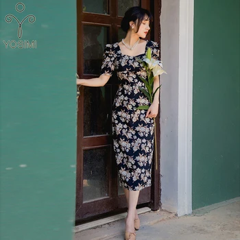 

YOSIMI Chiffon Floral Print Dresses 2020 Elegant Square Collar Short Sleeve Summer Sheath Tunic Mid-calf Vestidos De Fiesta