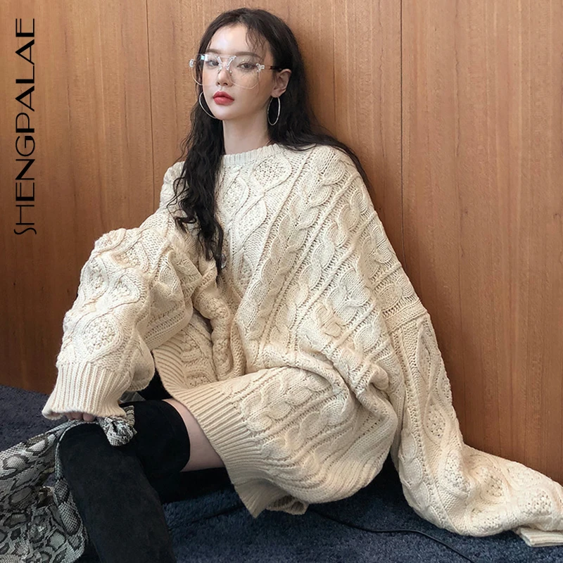 

SHENGPALAE Chic Temperament Round Neck Pullover Long Fund Thickening Knitting Unlined Upper Garment KOREAN Sweater Woman FT733