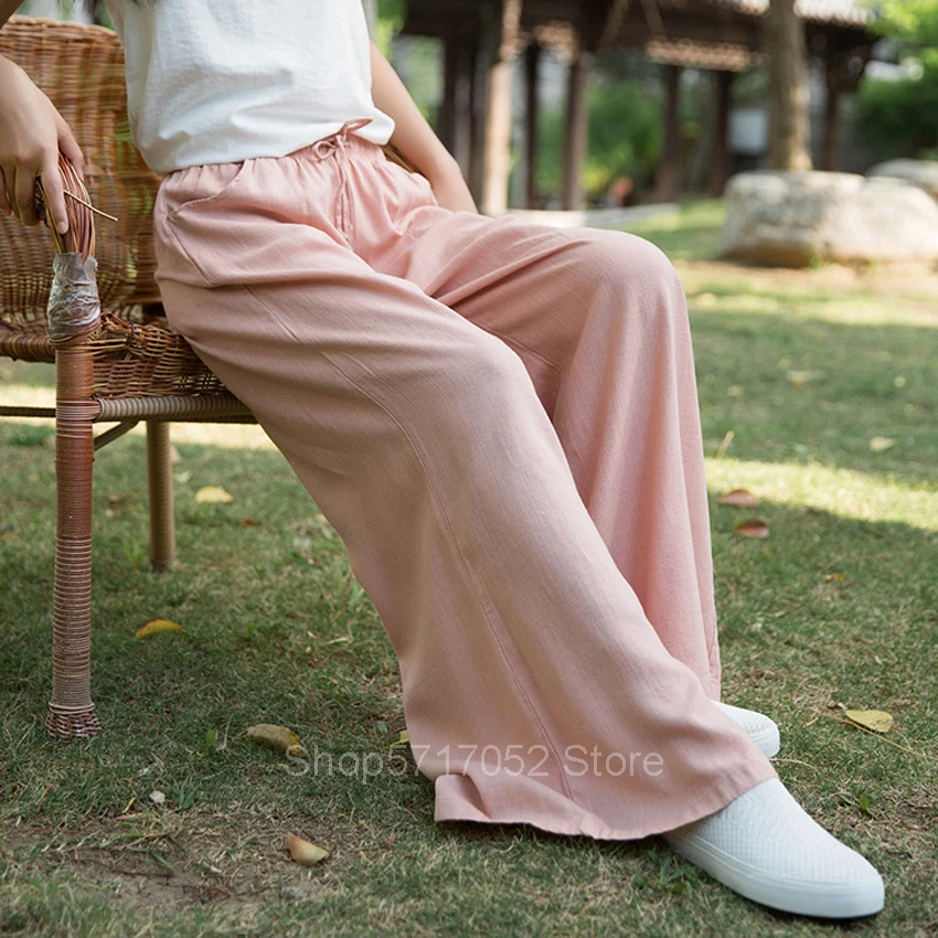Chinese Pants Kung Fu Cotton Tai Chi Traditional Clothing Women Tang Suit Loose Pants Linen Soft Uniform Pocket Top Yoga Hanfu