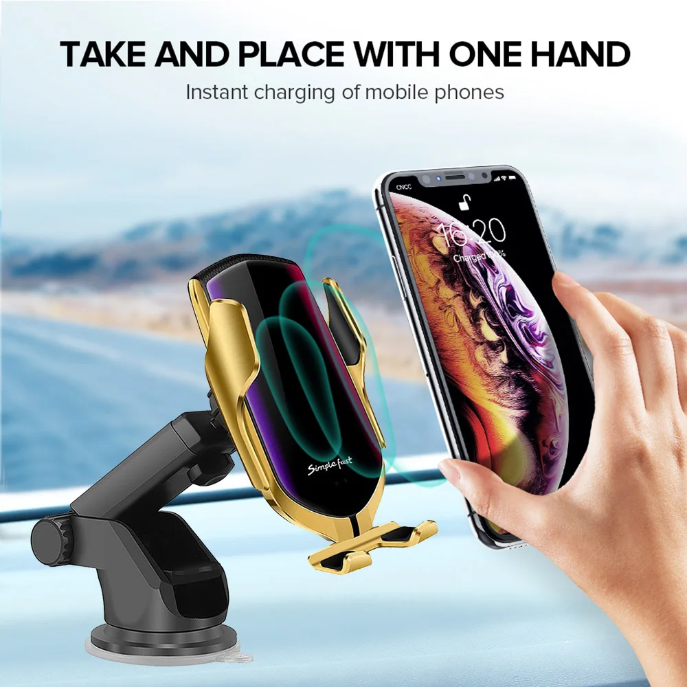 Carregador de Carro sem Fio de Fixação Brisa do Dashboard Suporte do Telefone Dcae Carga Rápida Automática qc 3.0 Mount For Iphone 11 Pro Max xr xs x 8 Samsung S10 s9 s8 Plus Nota 10 9 qi Carregamento Rápido Sensor Infravermelho Air Vent 10w 4 Sem Fio de Fixação Automática QC 3.0