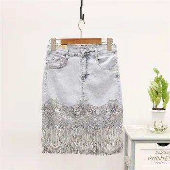 

2020 Summer Korean Fashion Sequins Tassel Denim Skirt Women Vintage Washed Blue Slim Short Sexy High Waist Jeans Skirts Female