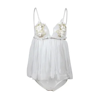 

Ladies Sexy Lingerie Deep V-Neck Mesh Yarn Embroidery Flower Perspective Strap Sexy Net Gown