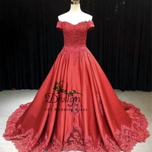 Высокое качество, Красное атласное платье с аппликацией, Пышное Платье с открытыми плечами, с аппликацией, со шлейфом, милое 16 платьев, со шнуровкой сзади