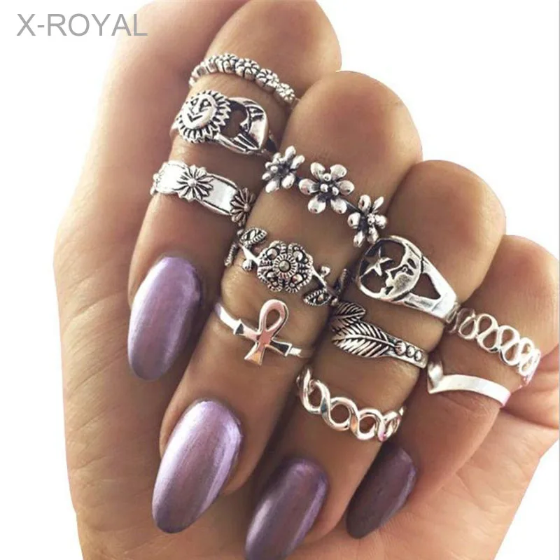 

X-ROYAL 11Pcs/set Hollow Craving Sun Moon Star Flower Shape Geometric Female Rings Fashion Women Finger Knuckle Vintage Rings