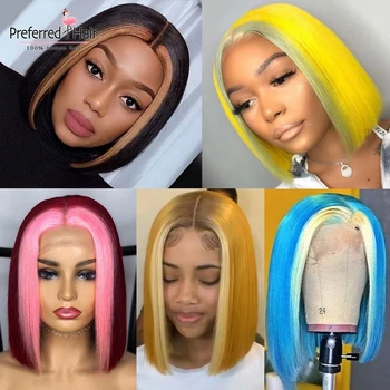 

Preferred Highlight Wig Brazilian Remy Hair 1B To Blue Ombre Human Hair Wig Preplucked 13x6 Short Bob Lace Front Wigs For Women