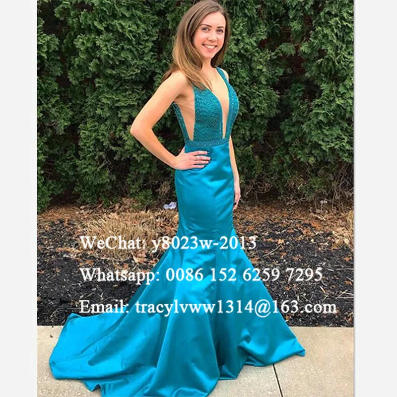 

Maxi Mermaid Prom Dresses 2020 Blue Satin Women Long Sweep Train Sheer V Neck Backless Formal Evening Dress Vestido De Festa