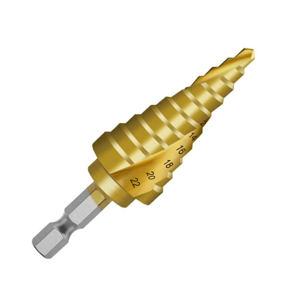 1pc Step Drill Bit Hexagonal Shank Titanium Plated Spiral Step Drill 4-22mm Make Holes Of Various Sizes Water Cooling Work Bit 1pc step drill bit hexagonal shank titanium plated spiral step drill 4 22mm make holes of various sizes water cooling work bit