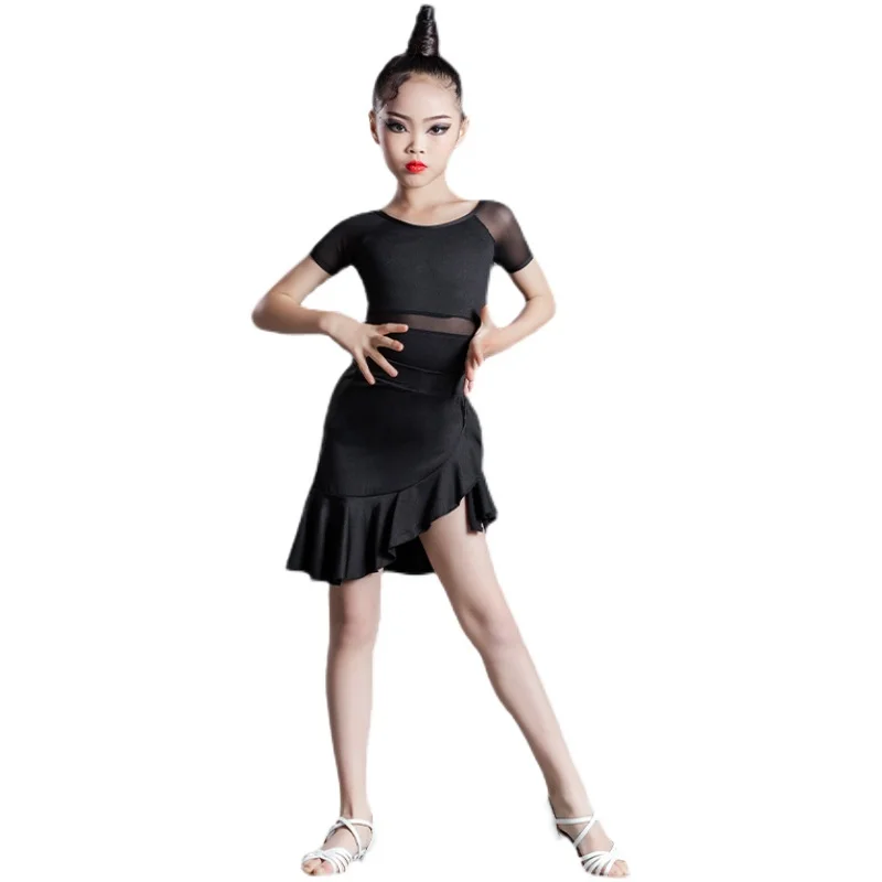 Latin Dance Dress 110-170cm Kids Adult Salsa/Ballroom/Tango/Cha Baby Girl Black tops Vestidos Solid Women Prefessional Costume