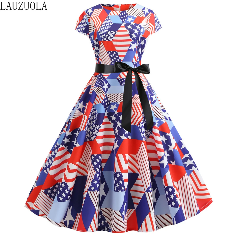 LAUZUOLA Stars Striped Print Women Summer Dress 2019 Fashion O-neck Short Sleeve Robes Vintage Pinup Rockabilly Dresses Swing | Женская