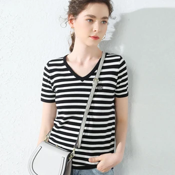 

Ice silk linen blend sweater blouse summer O-neck short sleeve soft and comfortable striped ice silk short sleeve 2020 new