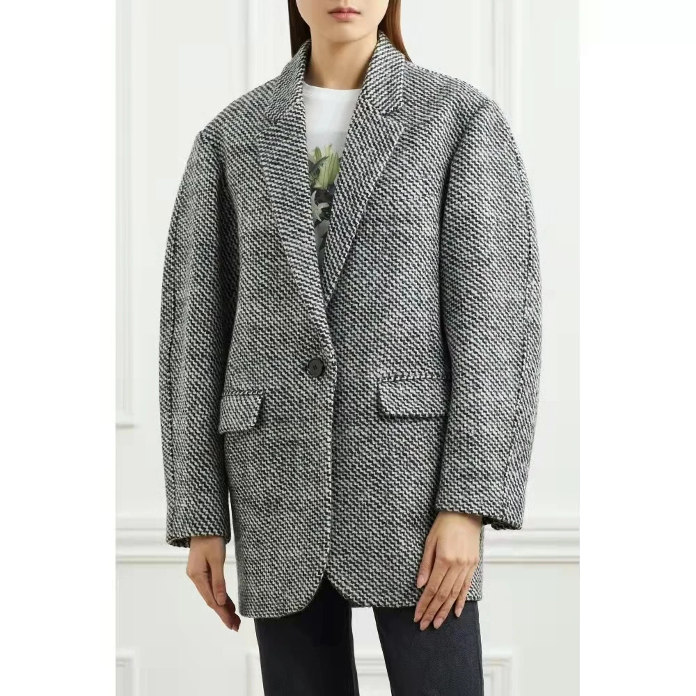 2021 Winter Women Tweed Blazer Coat Single Button Ladies Long Sleeve Simple Business Jacket Outwear Tops With Pockets | Женская одежда