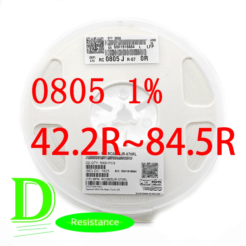 100PCS SMD Резистор серии RC 0805 1% оригинальный RC0805FR-07 42.2R-84.5R Все резисторы 43R 47R 51R 56R 62R 68R
