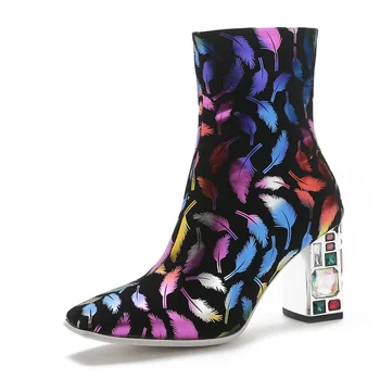 

US4-13 Womens Square Toe Feather Printed Match Colors Ankle Boots Diamond Block Heel Leather Shoes Winter Warm Plus Size