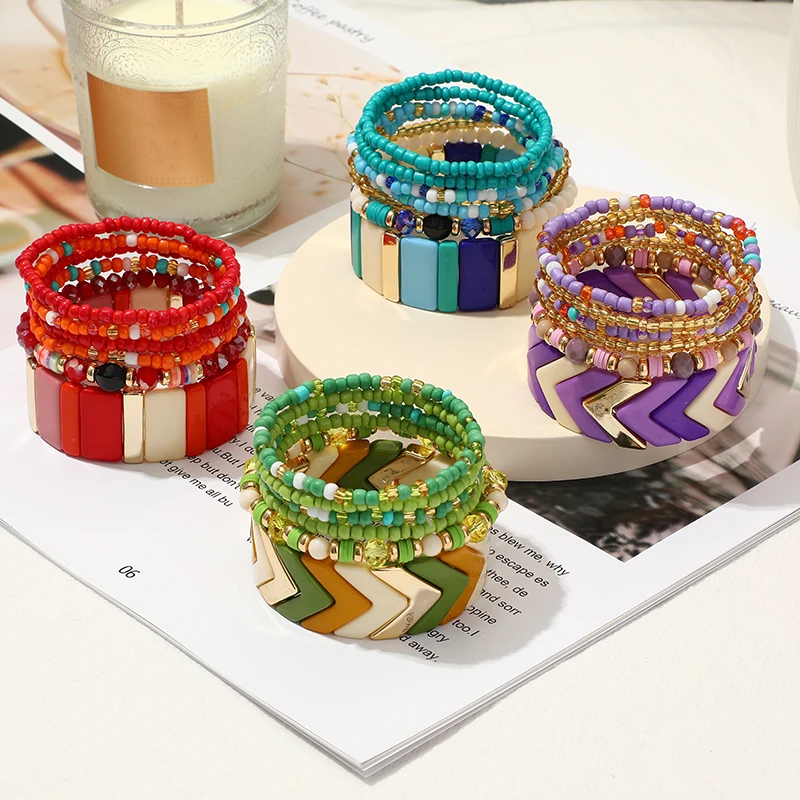 Beaded bracelet acrylic bohemian set for women men multi-layer seed beads chain bangles charm jewelry