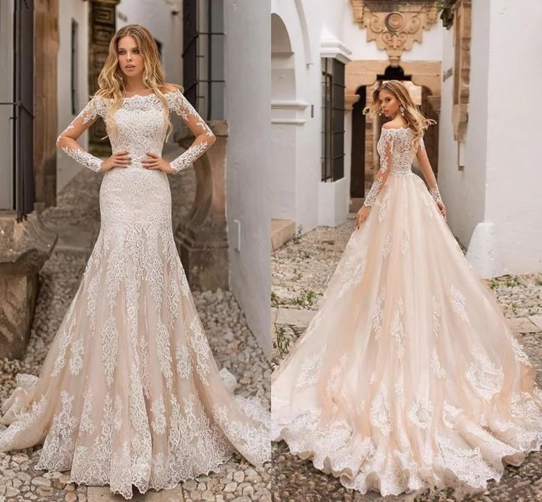 2021 Gowns Champagne Mermaid Wedding Dresses Lace Appliques Sheer Long Sleeves Tulle Bridal