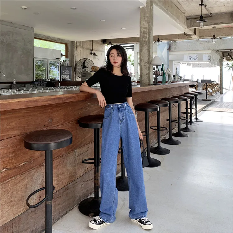 HziriP Autumn Straight High Street Blue Plus Size New High Waist Loose Thin Jeans Full-Length Denim Wide Leg Trousers