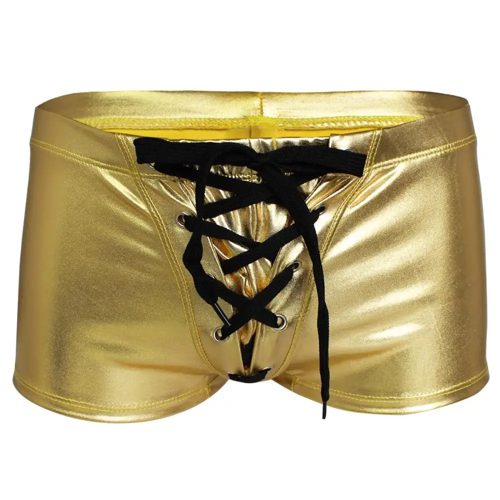 Mens Sexy Faux Leather Shiny Boxers Exotic Underwear Gay Male Latex Wetlook Shorts Panties Bikini Swimwear Cool Fetish Lingerie