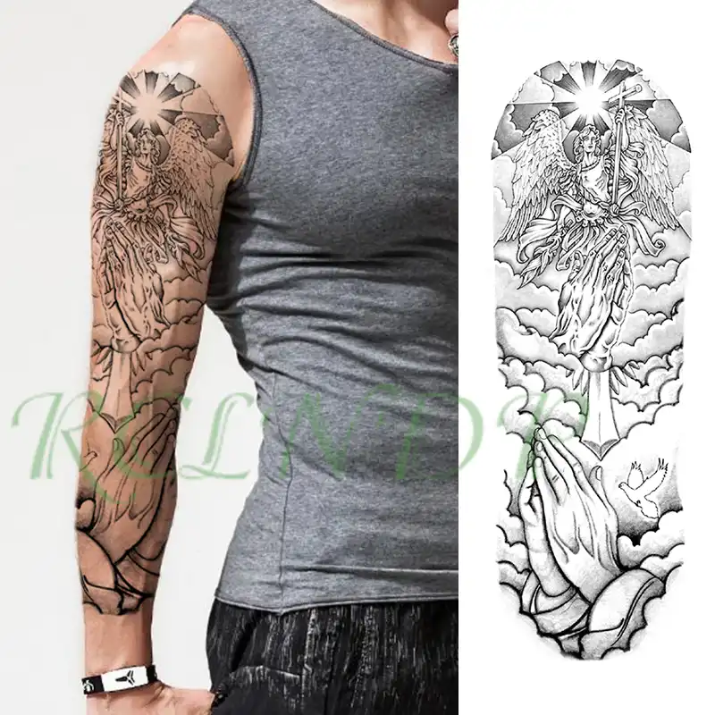 Waterproof Temporary Tattoo Sticker Sun Angel Wings Cross Bird Hand Clap Full Arm Large Fake Tatto Flash Tatoo For Men Women Temporary Tattoos Aliexpress