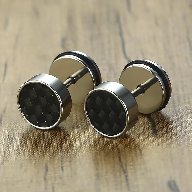 8mm Mens Carbon Fiber Stud Earrings Stainless Steel Illusion Tunnel