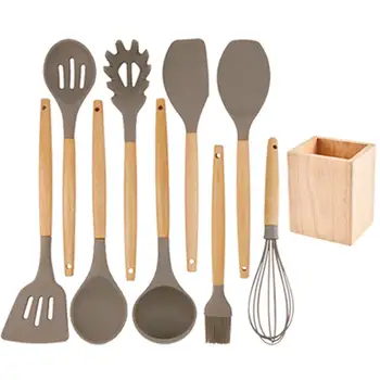 

Silicone Cooking Utensil Set Wooden Handle Spatula Soup Spoon Brush Ladle Pasta Colander Non-stick Cookware Kitchen Tools