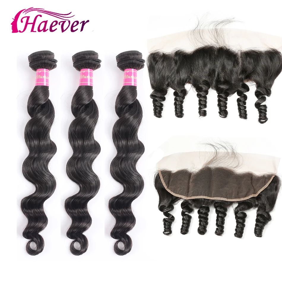 

Haever Loose Wave 100% Human Hair Natural Peruvian 3 Bundles with Closure Middle/Three/Free Part 13X4 with Baby Hair Non-remy
