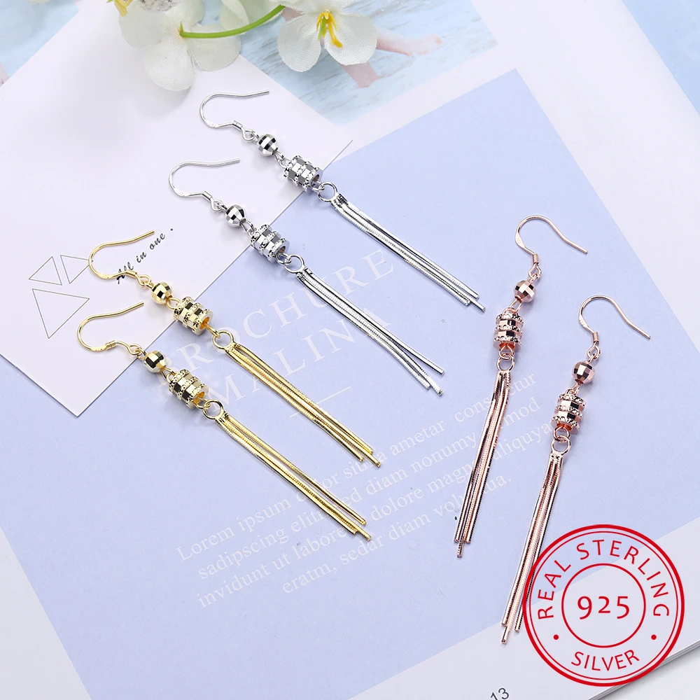 

Temperament Three-color Long Tassel Dangle Earring 925 Sterling Silver Cylinder Luck Beads Earring For Women Party Jewelry S-E10