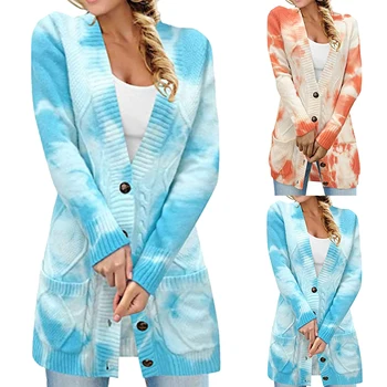 

Casual Tie Dye Single Breasted Oversized Cardigan Women Autumn Winter Long Sleeve V Neck Knitted Sweater Coat Female