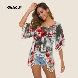 KWACJ 2019 Летняя женская блузка Роза цветочный принт рубашка Пляжная кисточка праздник короткий рукав boho женские топы A-308