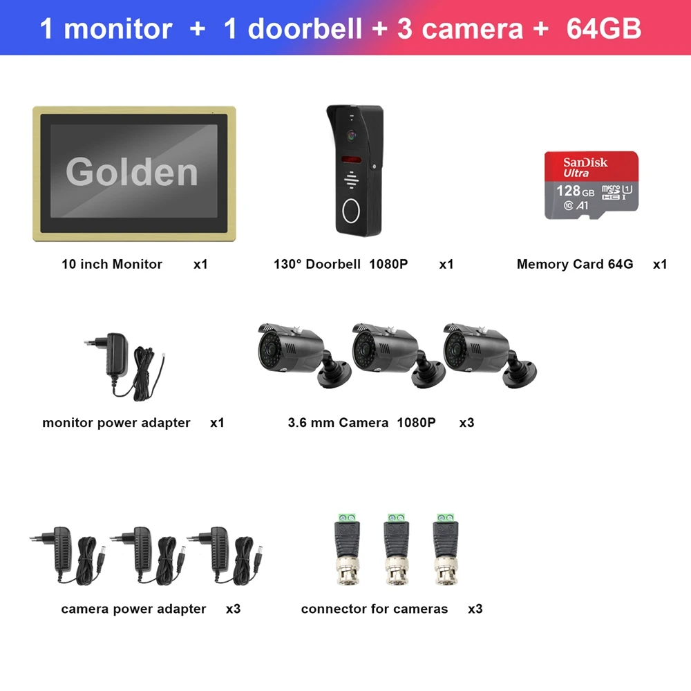 SET 3 Diagonsview Wifi видеодомофон HD 1080P беспроводной видеодомофон для домашней системы безопасности 10 дюймов сенсорный экран WiFi дверной телефон - Цвет: SET 3