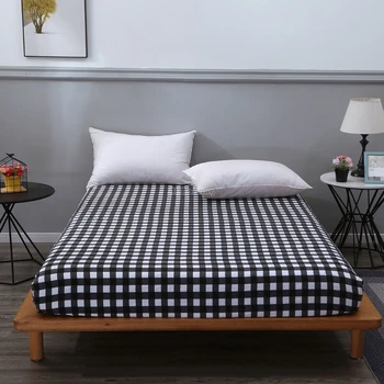 

Modern Black White Plaid Fitted Sheet Polyester Washed Cotton Soft Bed Sheet All Surrounded Rubber Band Striped Simple Sheets