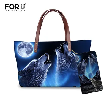 

FORUDESIGNS Wolf Animal Printing Women Shoulder Bag Ladies Purses and Handbags 2PCS/Set Bolsa Feminina Satchel Drop Shipping
