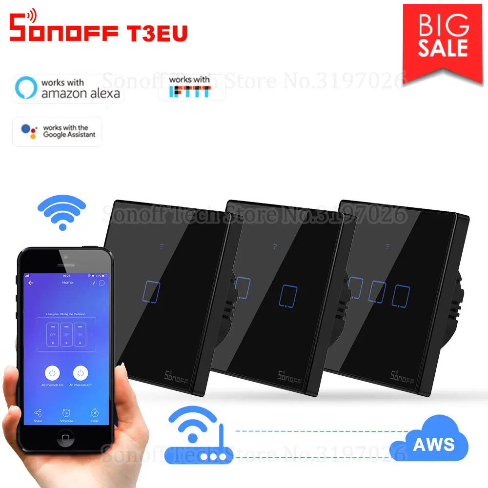 Itead Sonoff T3 ЕС черный Wifi умный сенсорный выключатель 433 МГц Радиочастотный пульт
