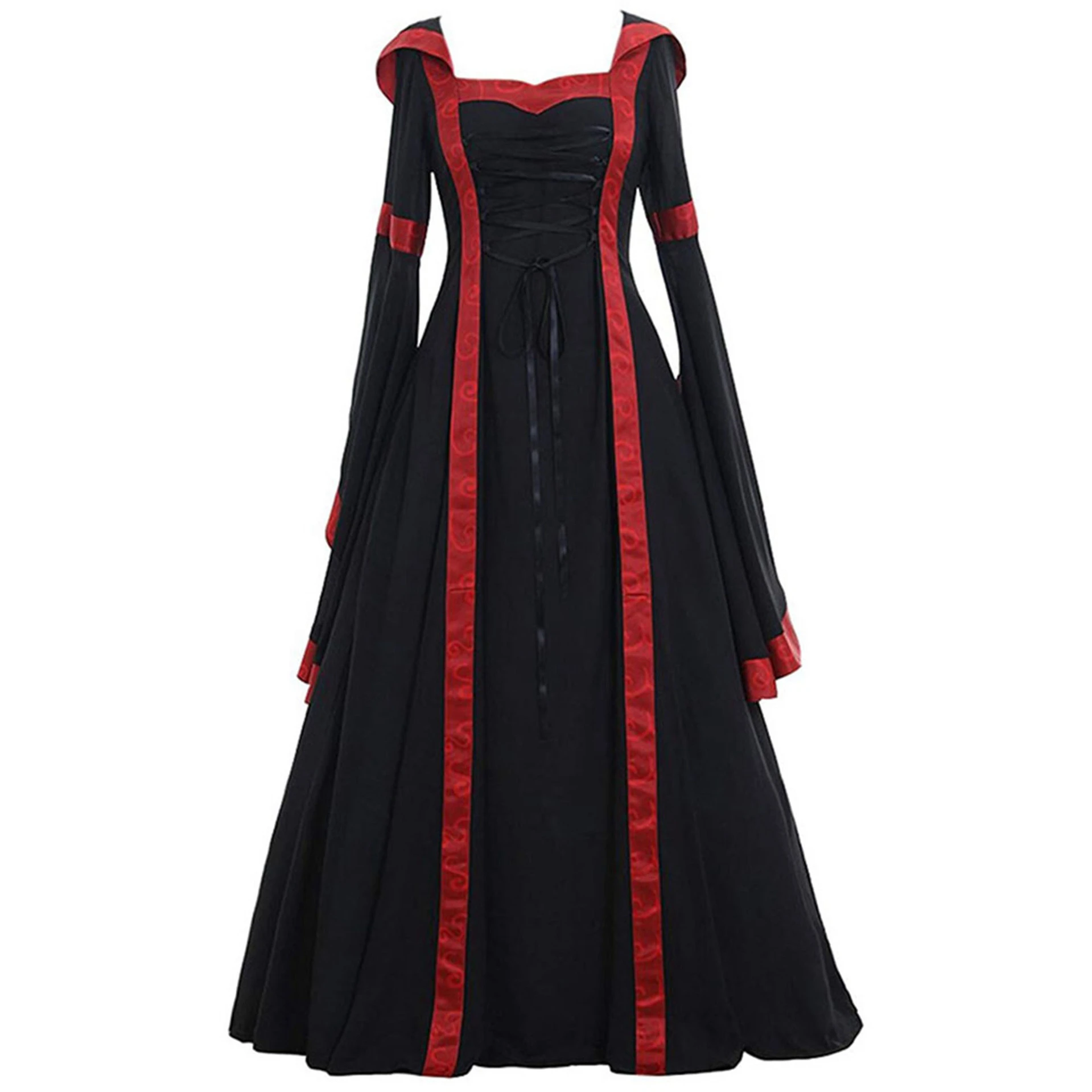 Lugentolo длинное платье Для женщин Ретро Воротник Одежда с длинным рукавом с пол Длина кружевная однотонная colorPatchwork размера плюс 5XL