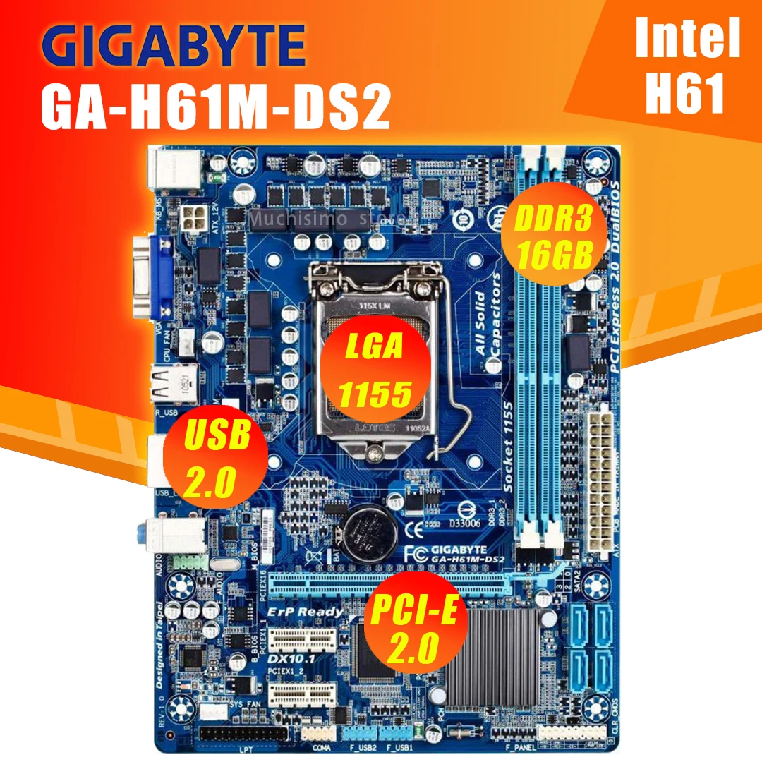 For Gigabyte Ga H61m Ds2 Desktop Motherboard H61 Socket Lga 1155 I3 I5 I7 Ddr3 16gb Uefi Bios Original H61m Ds2 Used Motherboards Aliexpress