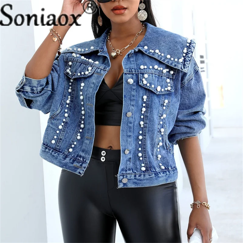 Pearl Beading Short Denim Jacket Women Long Sleeve Vintage Casual Street Style Jean Jacket Bomber Denim Coat Casual Outwear 2021 women street wear pu leather dress lantern sleeve dress turn down collar loose dress sundress 2021