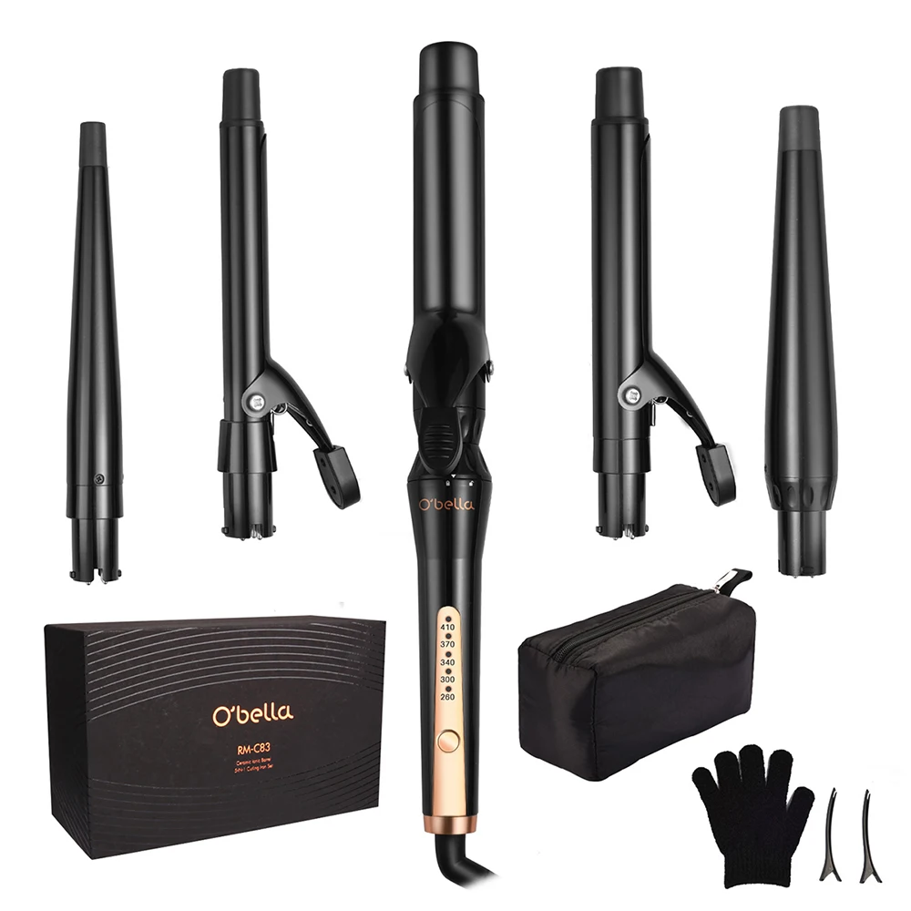 

5 in 1 Curling Iron Wand Set Interchangeable Barrels with Ceramic Tourmaline Coating 5 Temp Setting 260-410 Fahrenheit