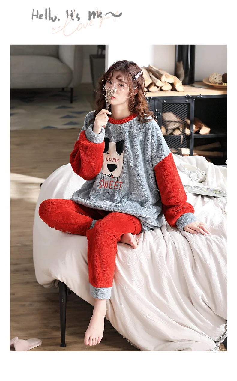 Large pyjamas autumn and winter women's lovely coral velvet thickened fat sister 100kg loose maternity home clothes set