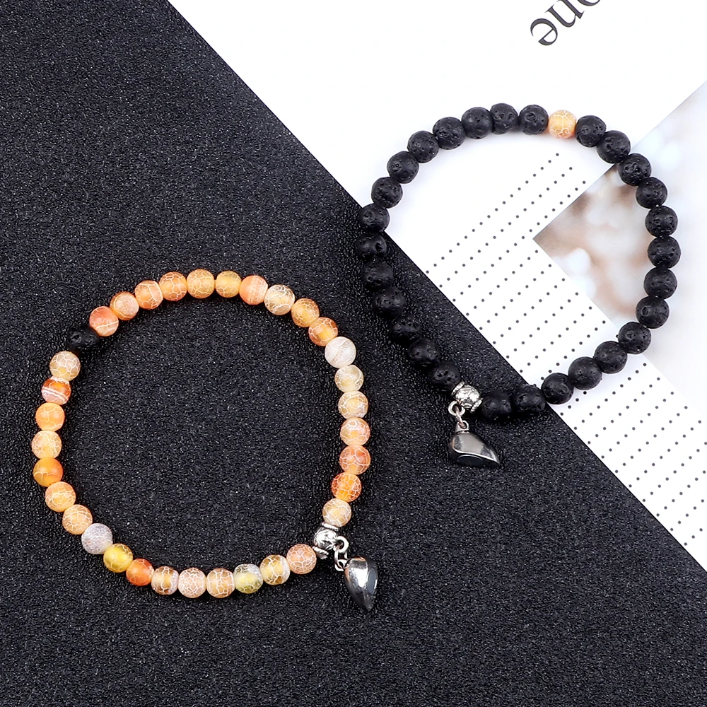 Bracelet couple en perle aimanté noir et orange