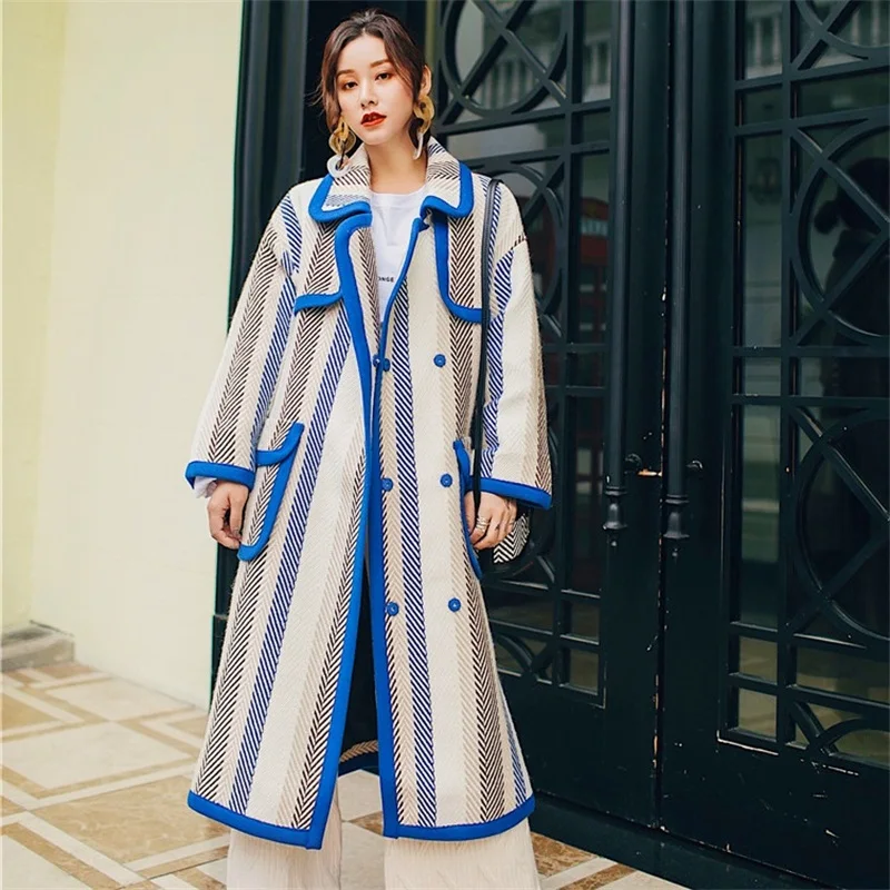 

Fall and Winter Stripe Cashmere Wool Coat 2019 Women Loose Casual Vintage Turn-down Collar Fashion Female Wool Coat