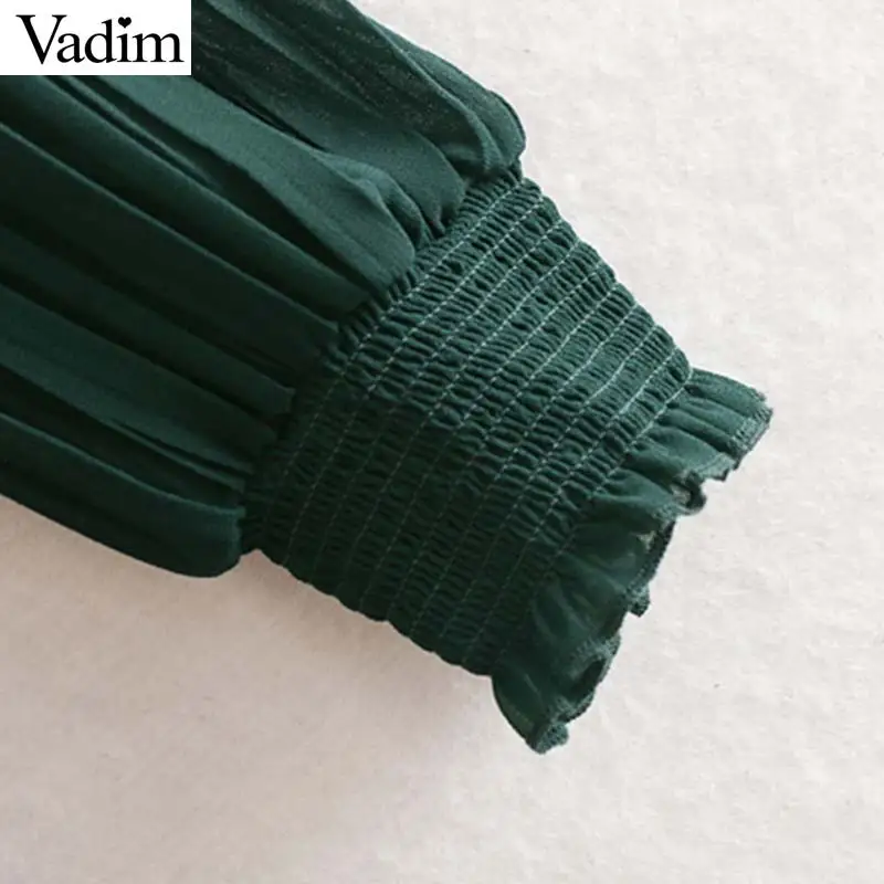 Женское элегантное платье vadim, однотонное шифоновое платье миди с оборками, эластичная талия, длинный рукав, женские повседневные платья, прозрачные платья QC856