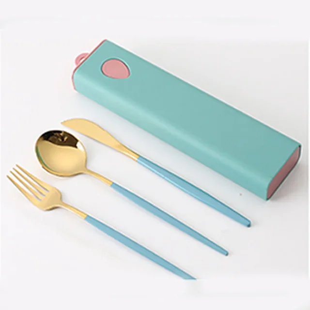 3PCs/4PCs Glossy Stainless Steel Tableware Spoon Fork Knife Straw Reusable Travel Cutlery Set Camp Utensils Set Portable Case C-Blue