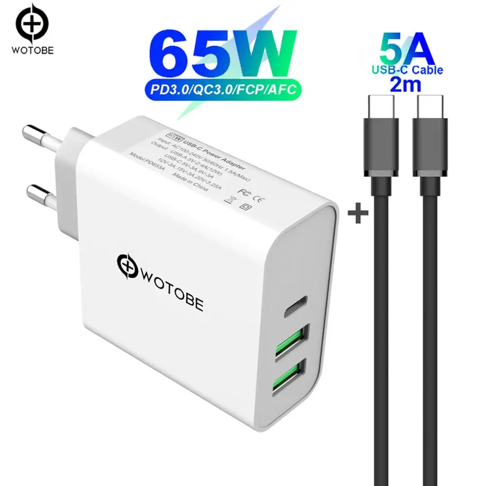 65 Вт TYPE-C USB-C адаптер питания, 1 порт PD60W QC3.0 зарядное устройство для USB-C ноутбуков MacBook Pro/Воздушный iPad Pro, 2 порта USB для samsung iPhone