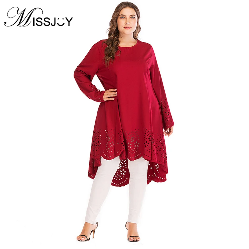 

Autumn Fashion Muslim big size Womens Long Sleeve O Neck Irregular High Low Hollow Out Loose dress islam elbise New