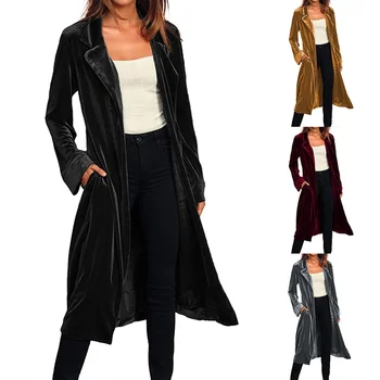 

Women Cardigan Autumn Winter Solid Color Long Sleeves Coat Velvet Long Elegant Temperament Cardigan Trench