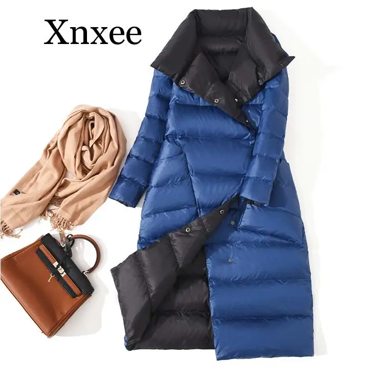 Women Double Sided Down Long Jacket Winter Turtleneck White Duck Down Coat  Double Breasted Warm Parkas Snow Outwear vintage