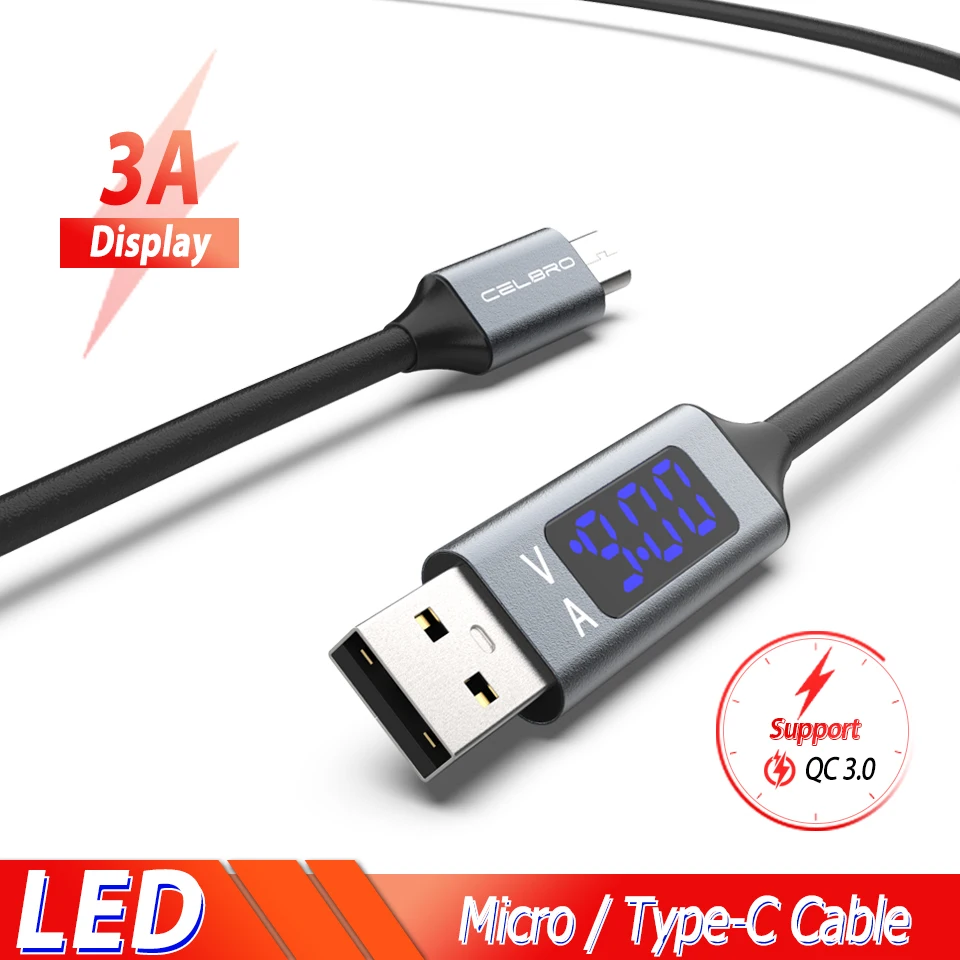 Кабель Micro USB Type C с цифровым светодиодным дисплеем быстрая зарядка 3 А кабель QC3.0
